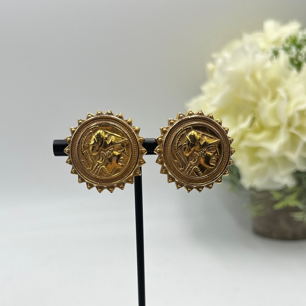 Ben-Amun Designer Vintage Gold Plated Roman Coin Greek Men Clip on Earrings
